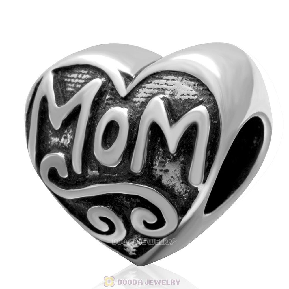 Antique 925 Sterling Silver Love Mom Heart Charm Bead