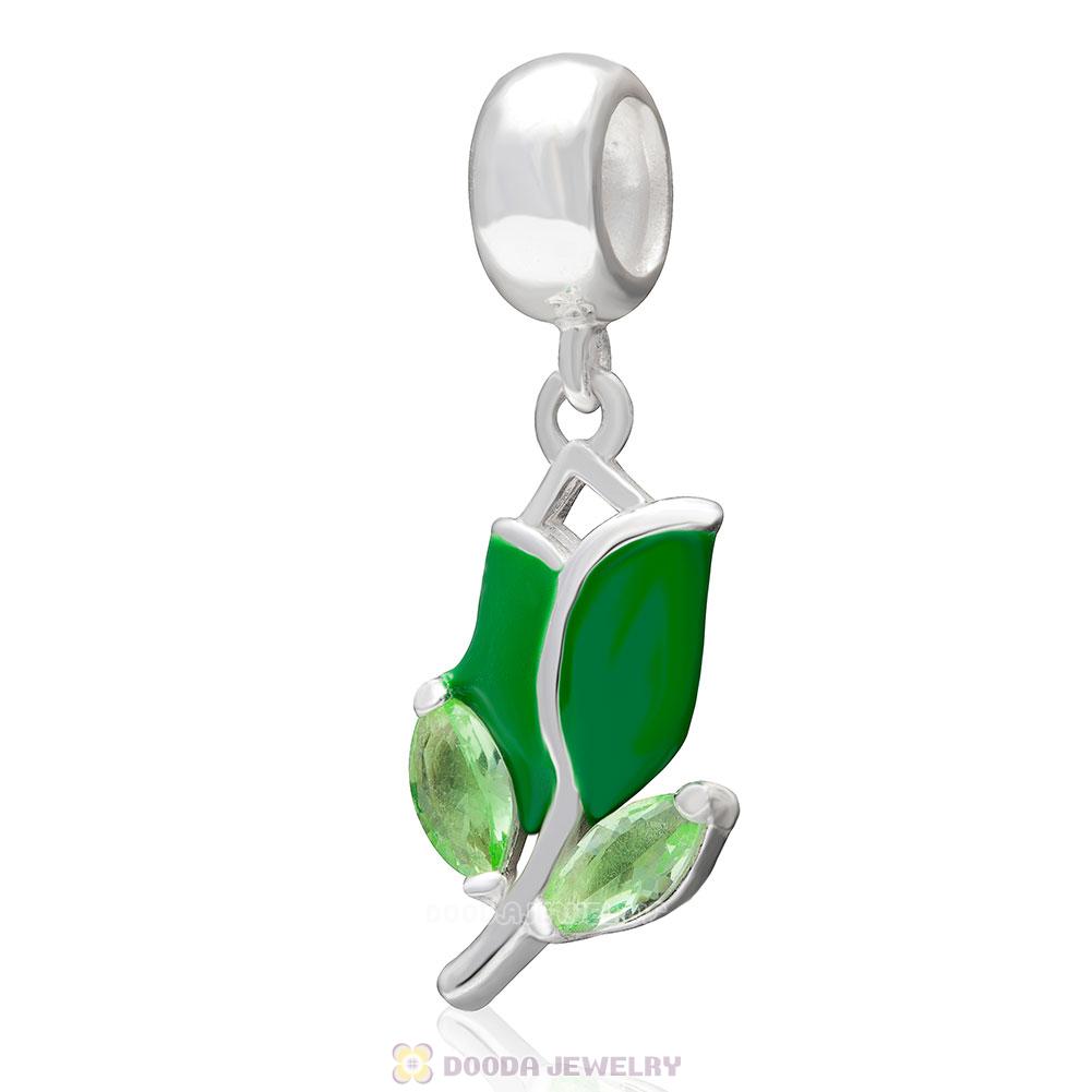 925 Sterling Silver Green Tulip Flower Green Cz Dangle Pendant