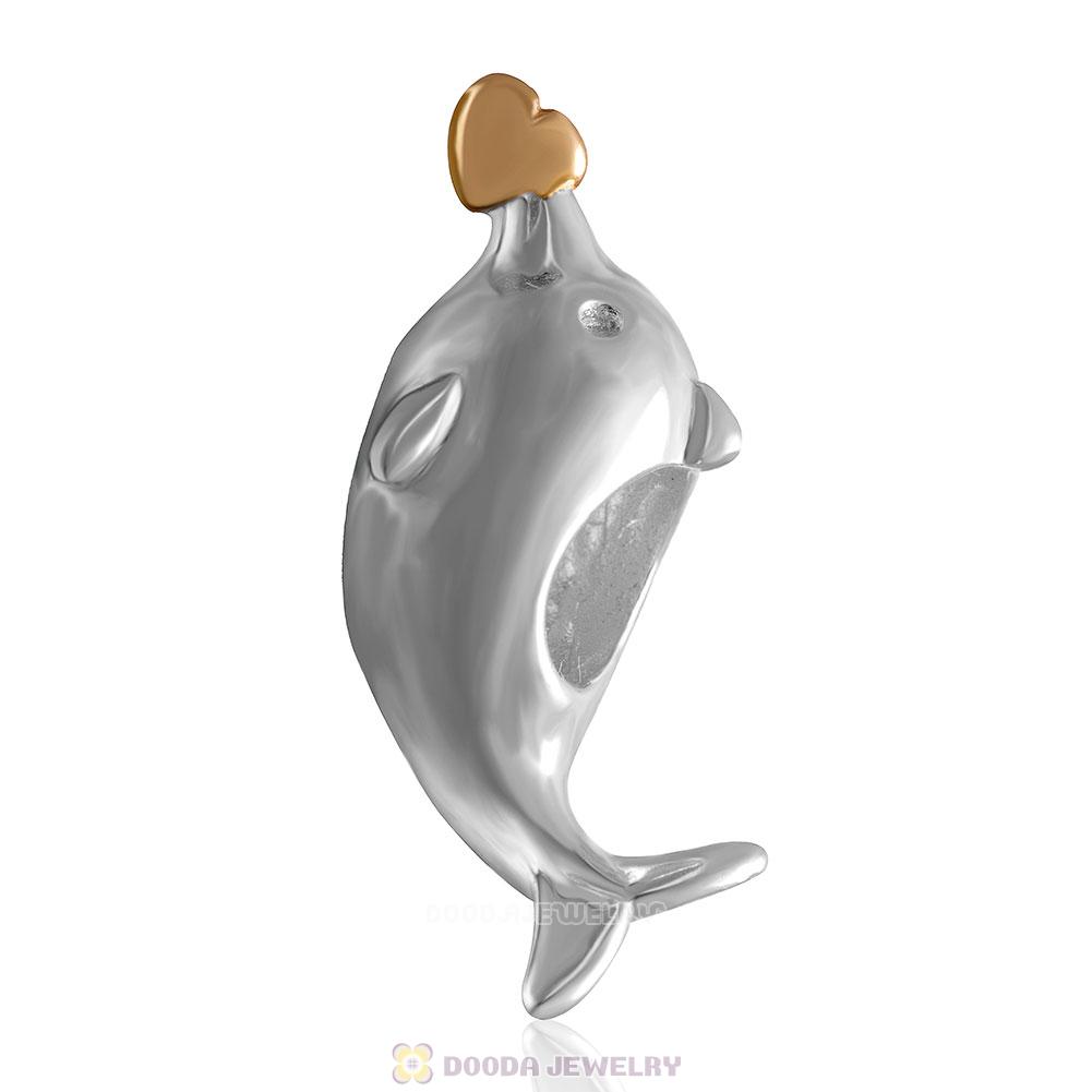 925 Sterling Silver Playful Dolphin Holding Gold Heart Charm Bead