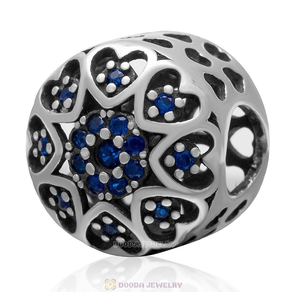 925 Sterling Silver Openwork Love Heart Charm Bead with Blue Cz