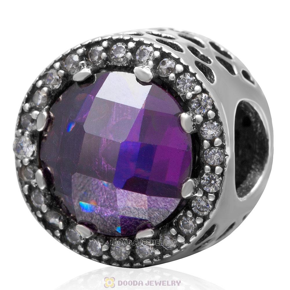 925 Sterling Silver Radiant Hearts with Royal Purple and Clear CZ Charm Bead
