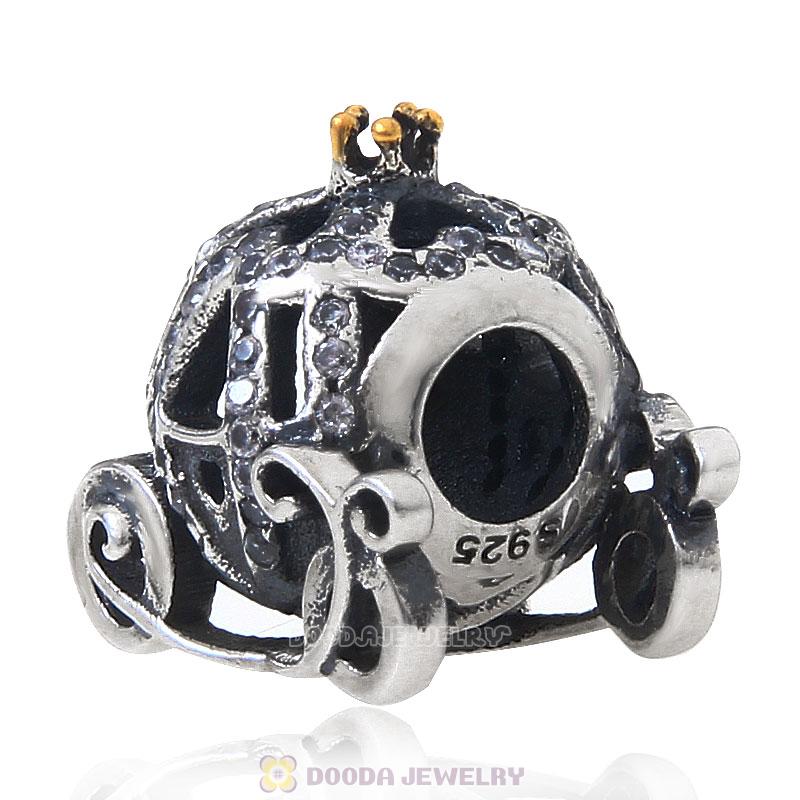 925 Sterling Silver Sparkling Pumpkin Coach Charm with Clear Cz