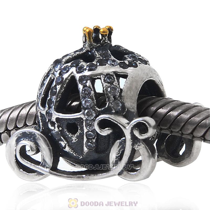 925 Sterling Silver Sparkling Pumpkin Coach Charm with Clear Cz