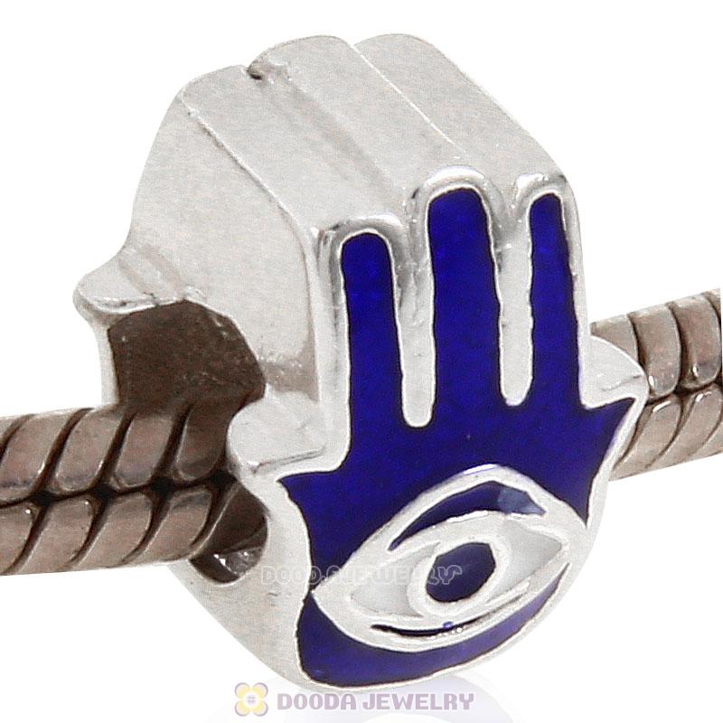 925 Sterling Silver Hamsa Hand Charm Bead with Blue Enamel