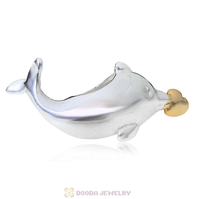 925 Sterling Silver Playful Dolphin Holding Gold Heart Charm Bead