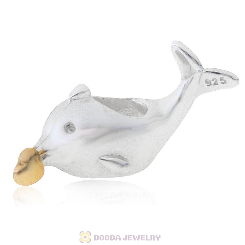 925 Sterling Silver Playful Dolphin Holding Gold Heart Charm Bead