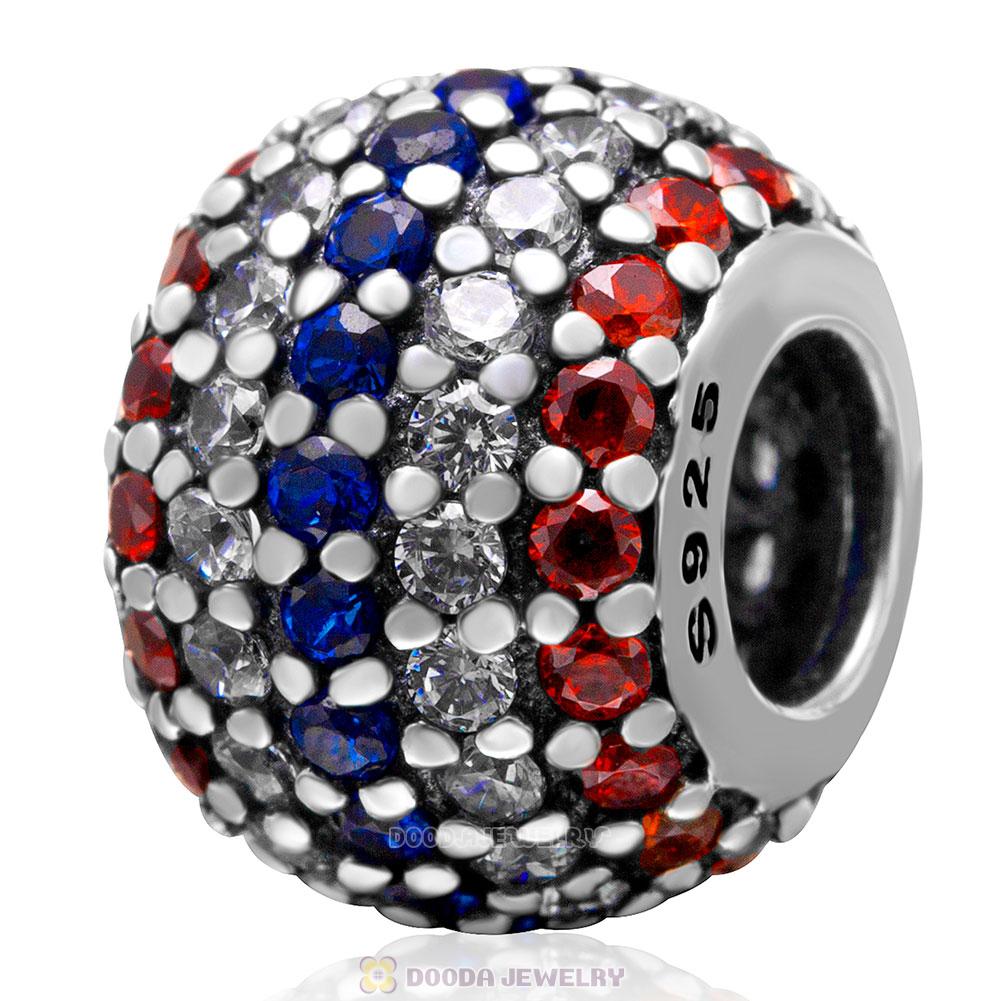 925 Sterling Silver Red White and Blue Cz Bead