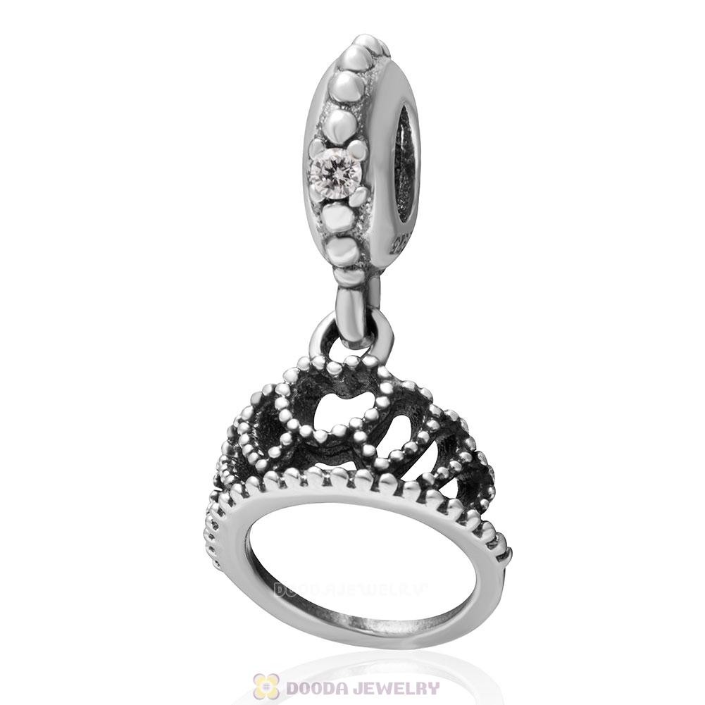 925 Sterling Silver Hearts Tiara Charm with Clear CZ Dangle Bead