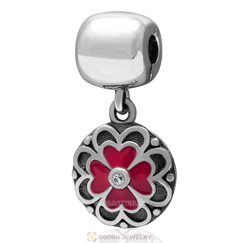 925 Sterling Silve Red Enamel Clover Dangle Clip Bead with Clear CZ