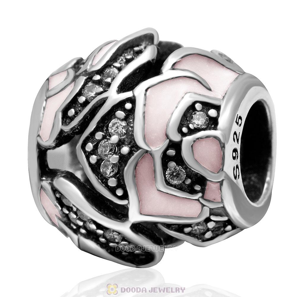 925 Sterling Silver Delicate Pink Rose with Clear CZ Charm Bead