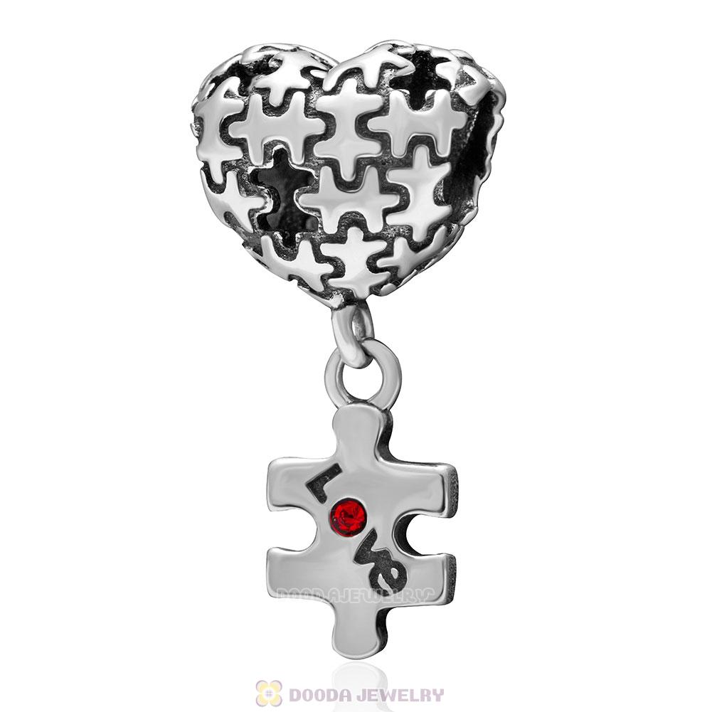 925 Sterling Silver Autism Puzzle Heart Love with Red Crystal Dangle Bead