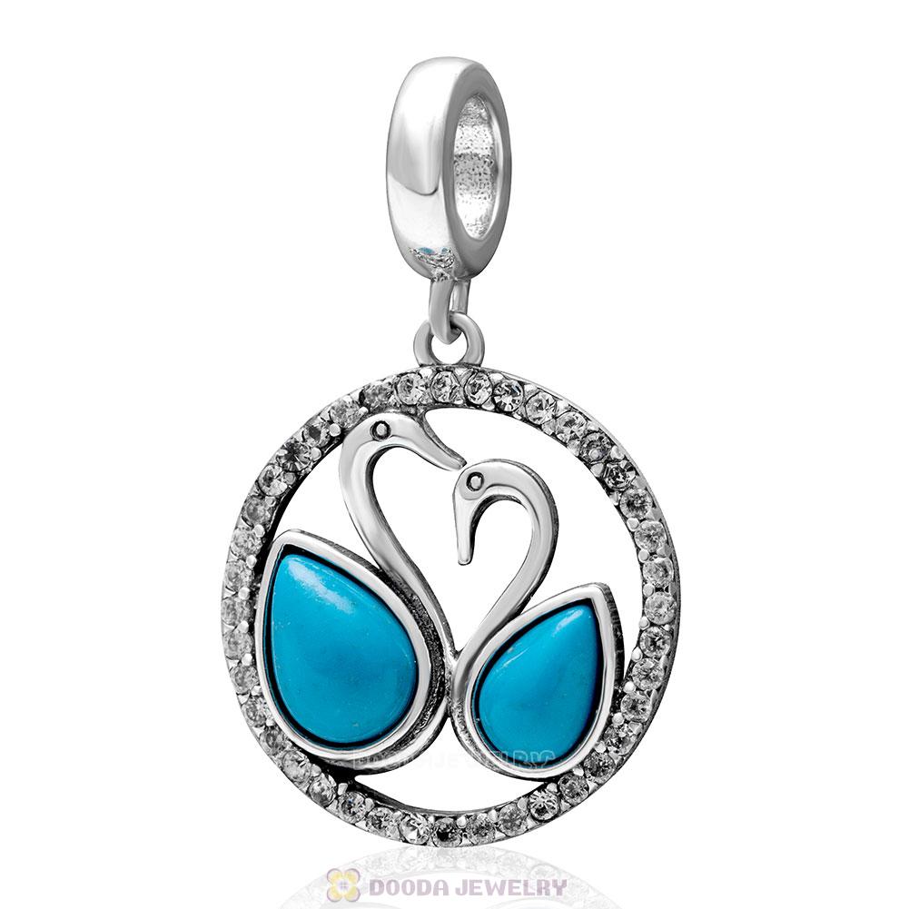 925 Sterling Silver Elegance Swan Dangle Charm with Natural Turquoise