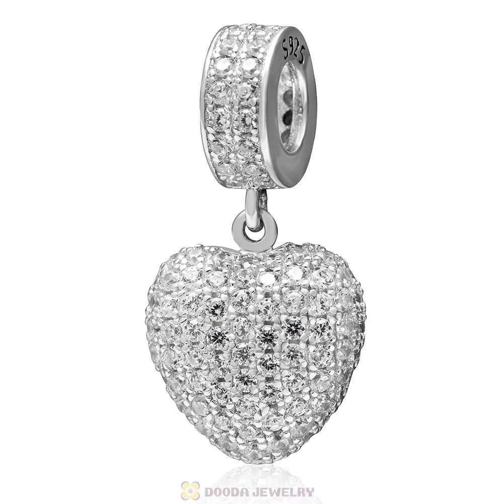 925 Sterling Silver Love Heart Dangle Bead with Pave Clear Cz