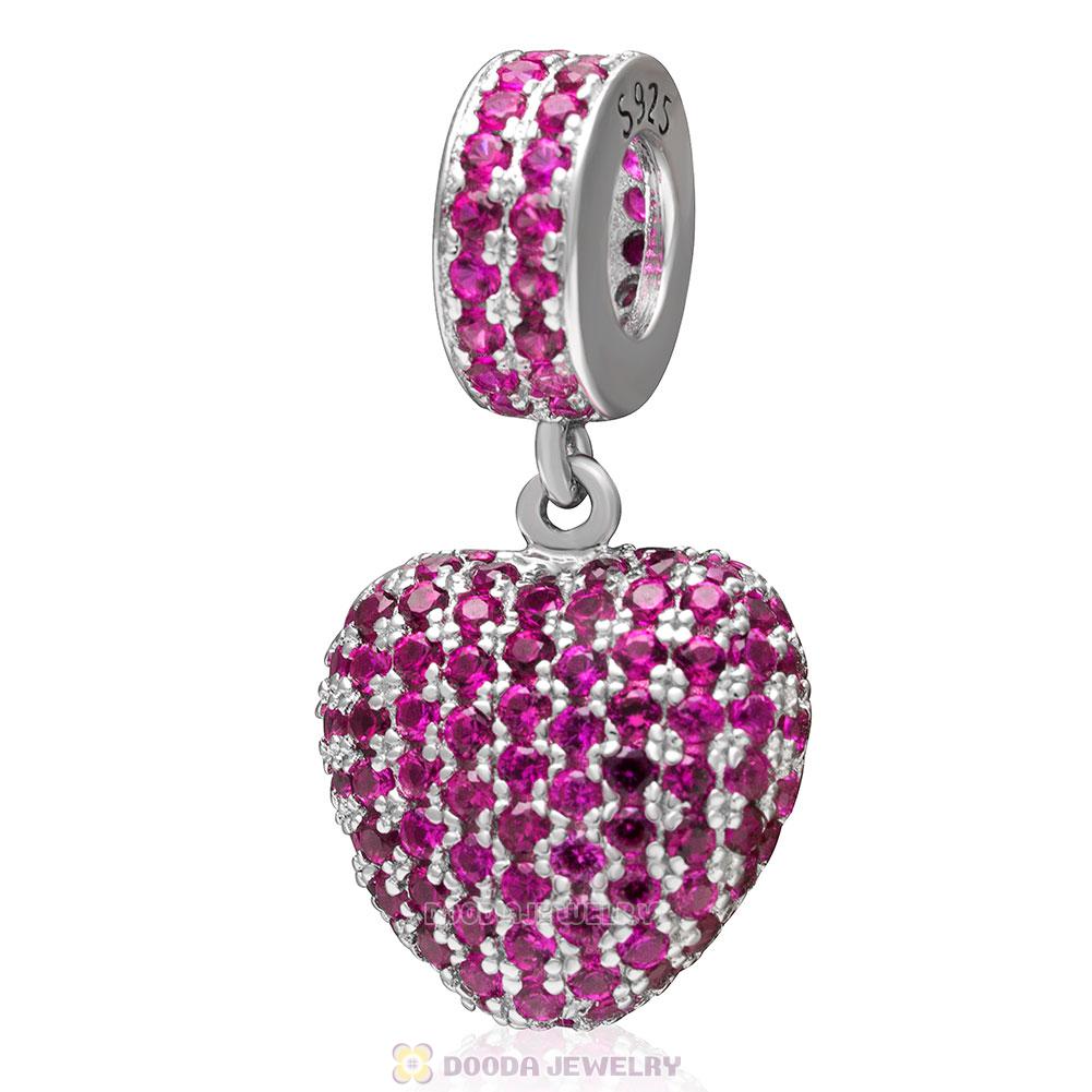925 Sterling Silver Love Heart Dangle Bead with Pave Fuchsia Cz