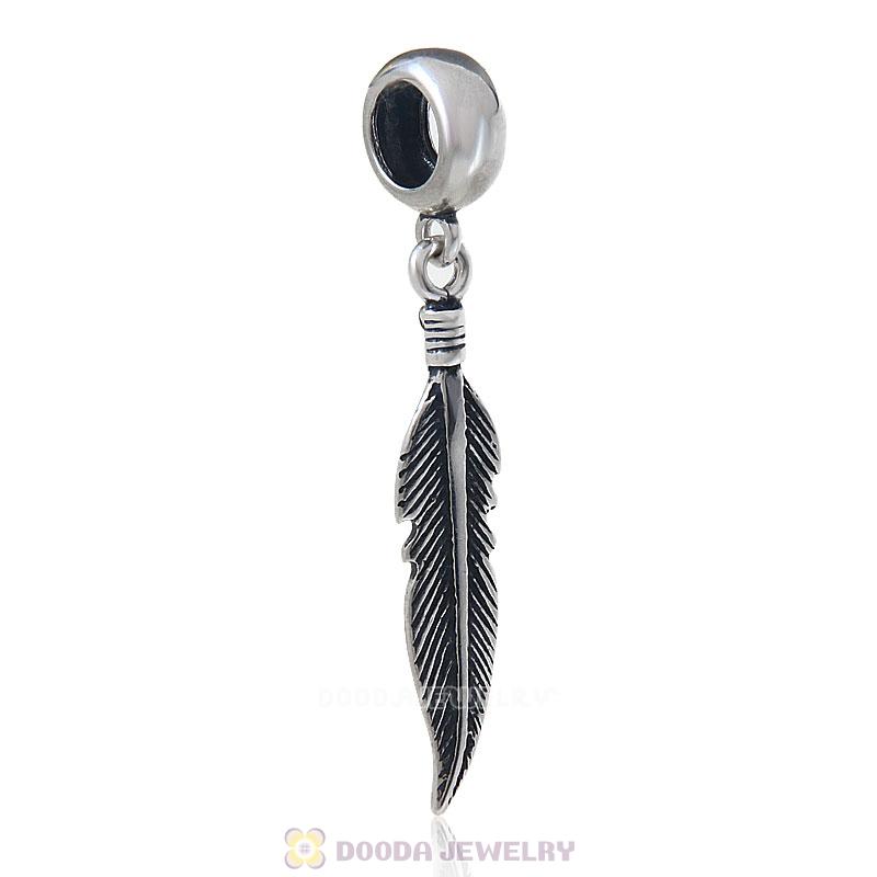 925 Sterling Silver Charm Feather Dangle Pendant