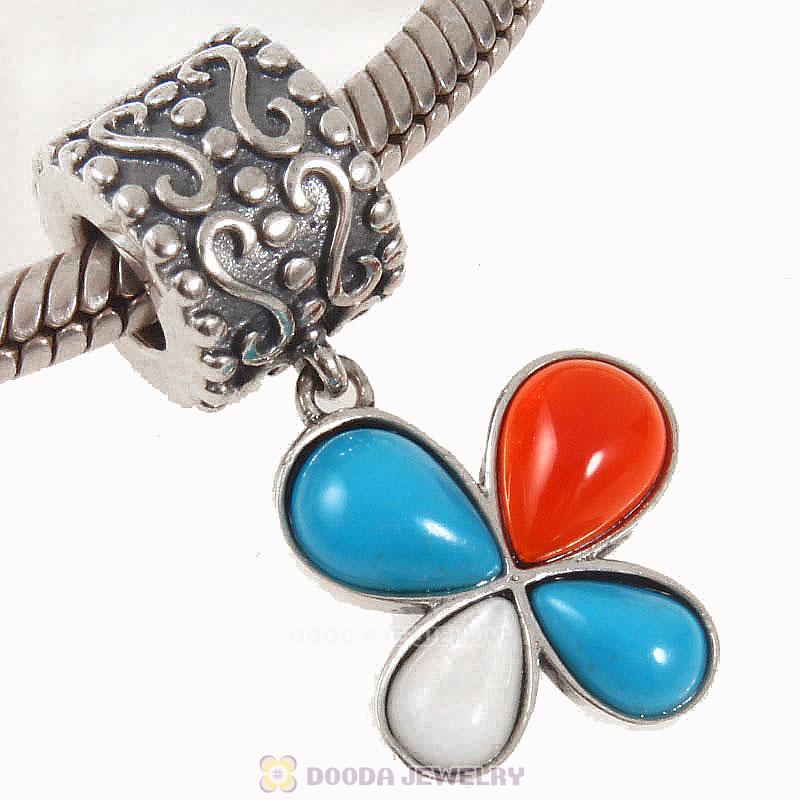 925 Sterling Silver Dangle Natural Turquoise Flower Charm 