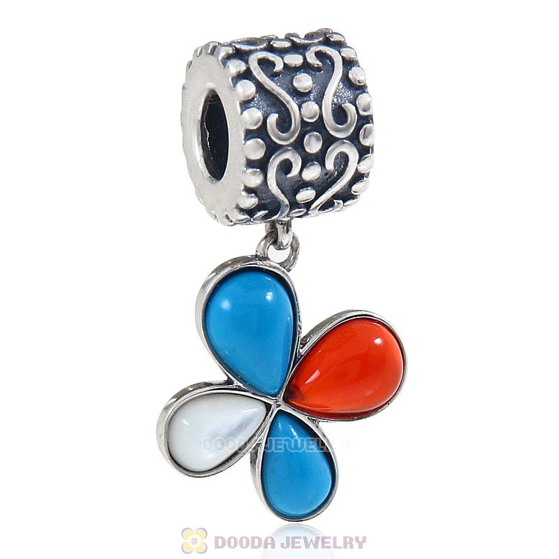 925 Sterling Silver Dangle Natural Turquoise Flower Charm 