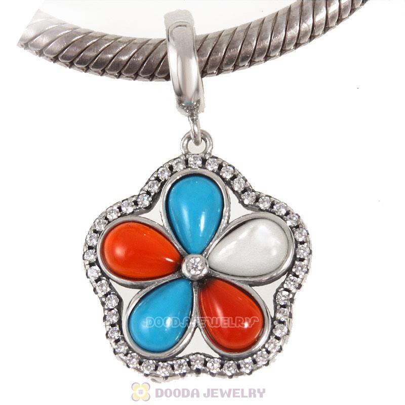 925 Sterling Silver Dangle Natural Turquoise Clear Cz Flower Charm 