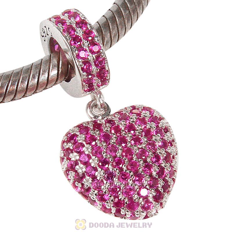 925 Sterling Silver Love Heart Dangle Bead with Pave Fuchsia Cz