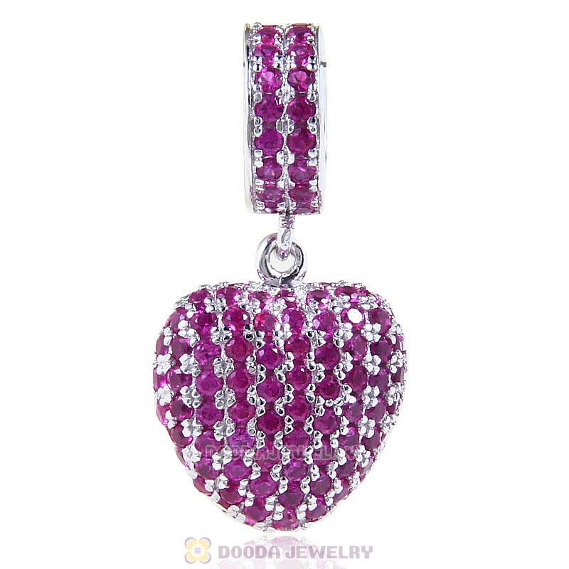 925 Sterling Silver Love Heart Dangle Bead with Pave Fuchsia Cz