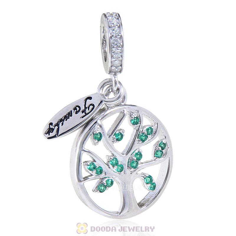 925 Sterling Silver Family Tree Dangle with Green CZ Charm