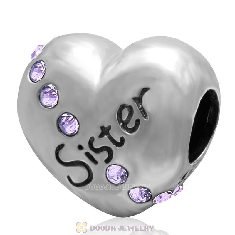 925 Sterling Silver Violet Crystal Sister Heart Love Bead