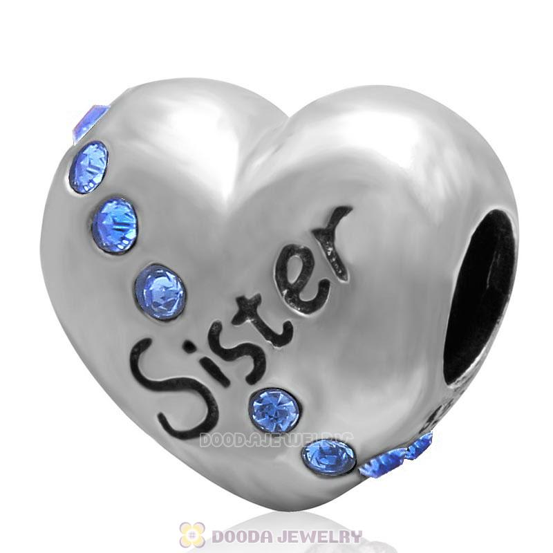 925 Sterling Silver Sapphire Crystal Sister Heart Love Bead