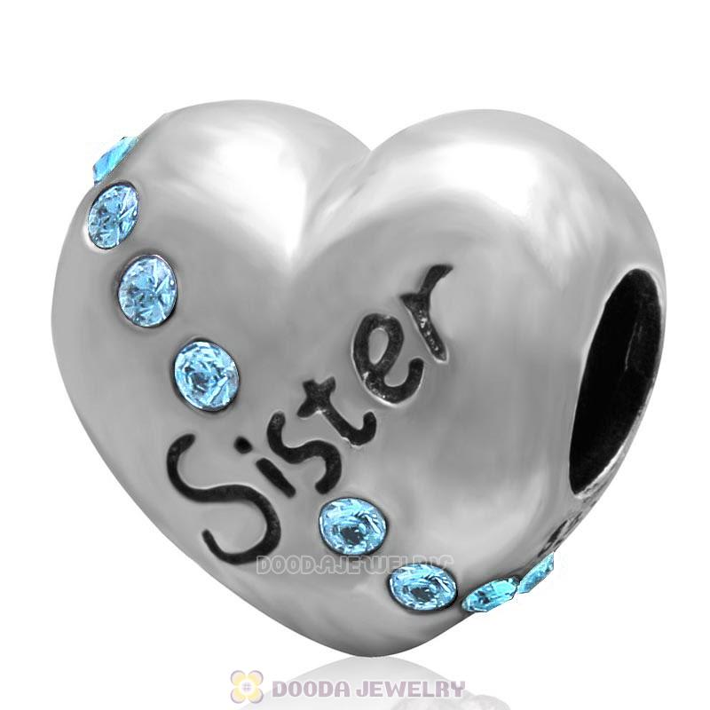 925 Sterling Silver Aquamarine Crystal Sister Heart Love Bead