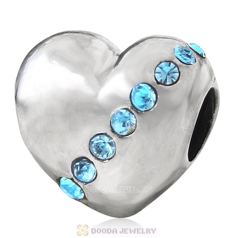 925 Sterling Silver Aquamarine Crystal Sister Heart Love Bead
