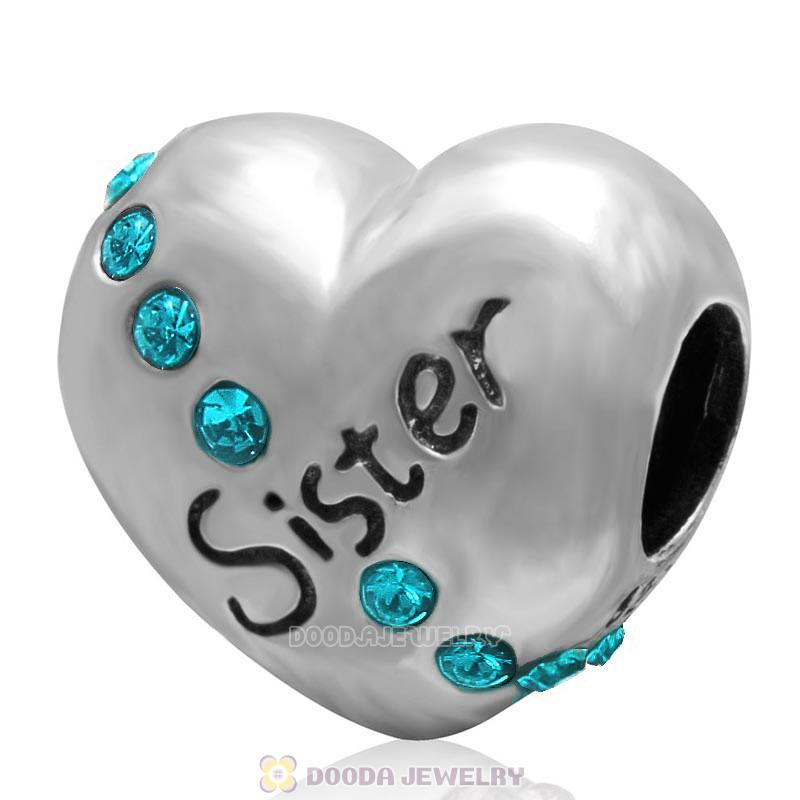 925 Sterling Silver Blue Zircon Crystal Sister Heart Love Bead
