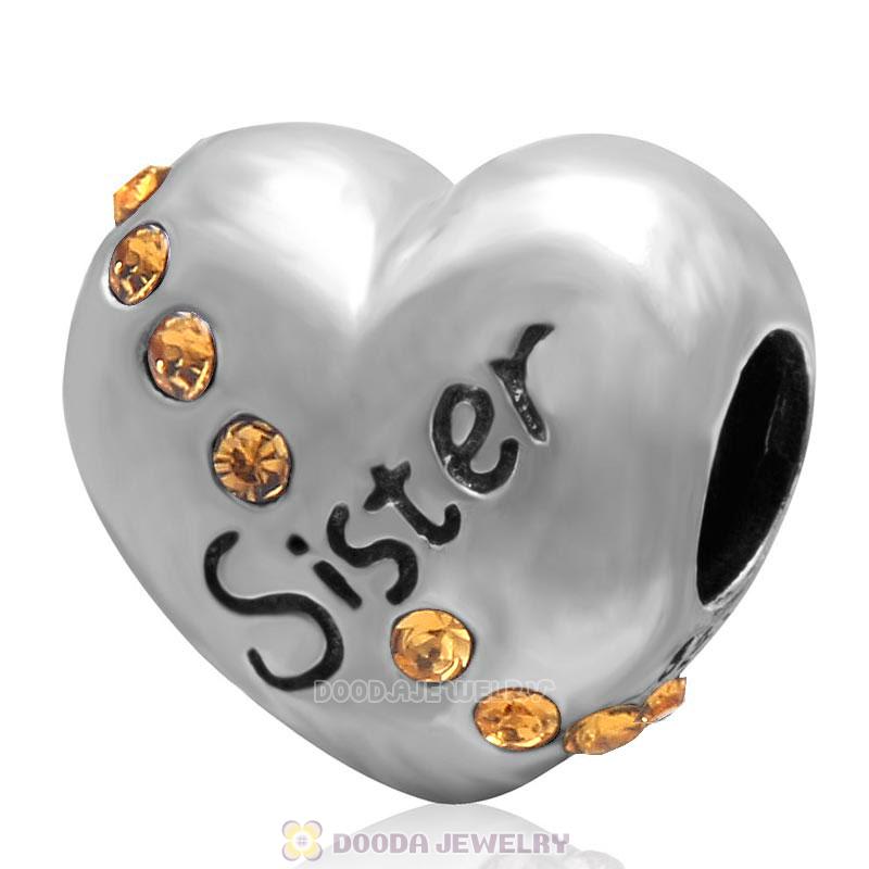 925 Sterling Silver Topaz Crystal Sister Heart Love Bead