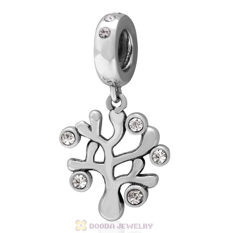 925 Sterling Silver Family Tree Dangle Charm with Clear Austrian Crystal
