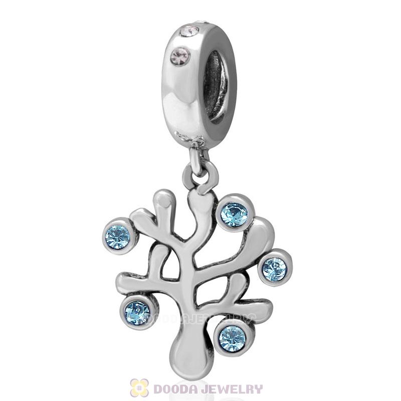 925 Sterling Silver Family Tree Dangle Charm with Aquamarine Austrian Crystal