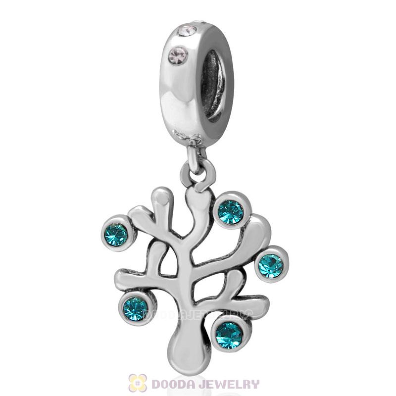 925 Sterling Silver Family Tree Dangle Charm with Blue Zircon  Austrian Crystal