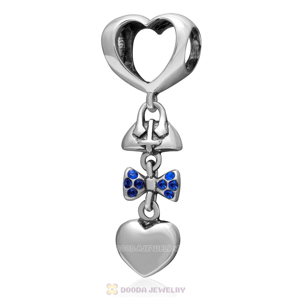 925 Sterling Silver Fashionably Tied Charm with Sapphire Austrian Crystals 