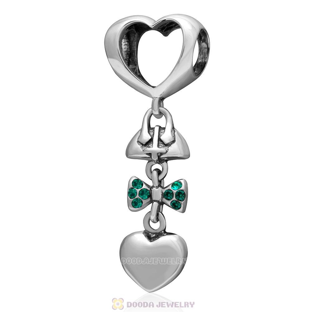 925 Sterling Silver Fashionably Tied Charm with Emerald Austrian Crystals 