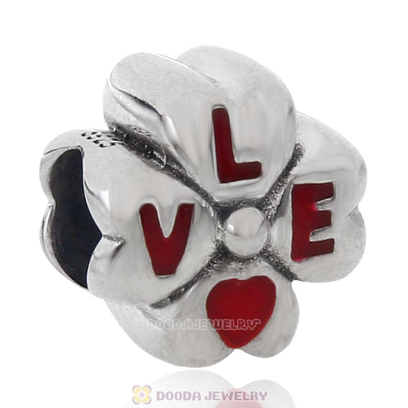 925 Sterling Silve Love Four Leaf Clover Bead with Red Enamel
