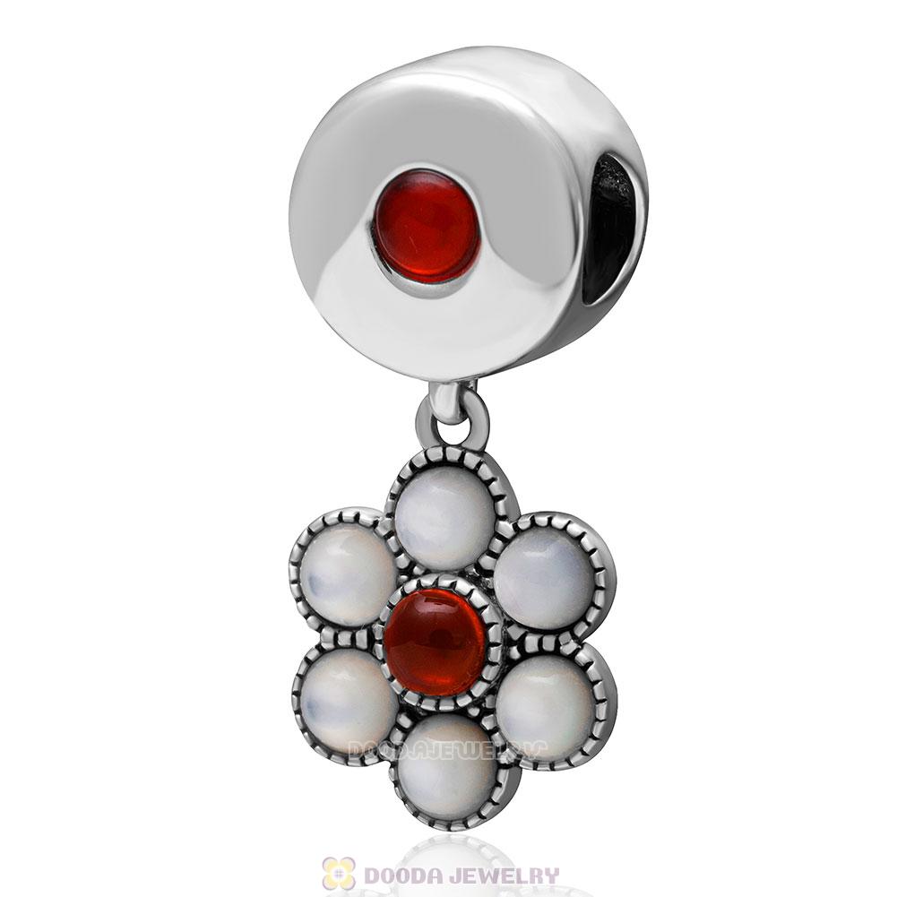 925 Sterling Silver Red Agate Dangle Flower Bead
