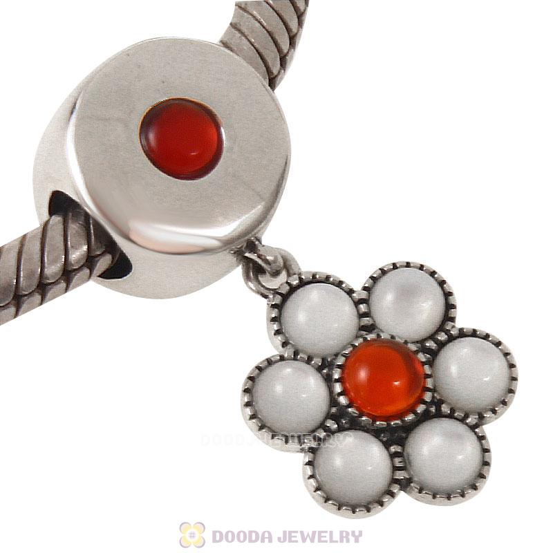 925 Sterling Silver Red Agate Dangle Flower Bead