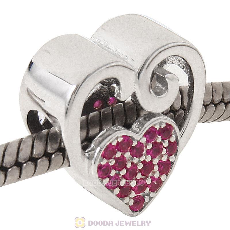 925 Sterling Silver Double Heart Love Bead Charm with Fuchsia Stone