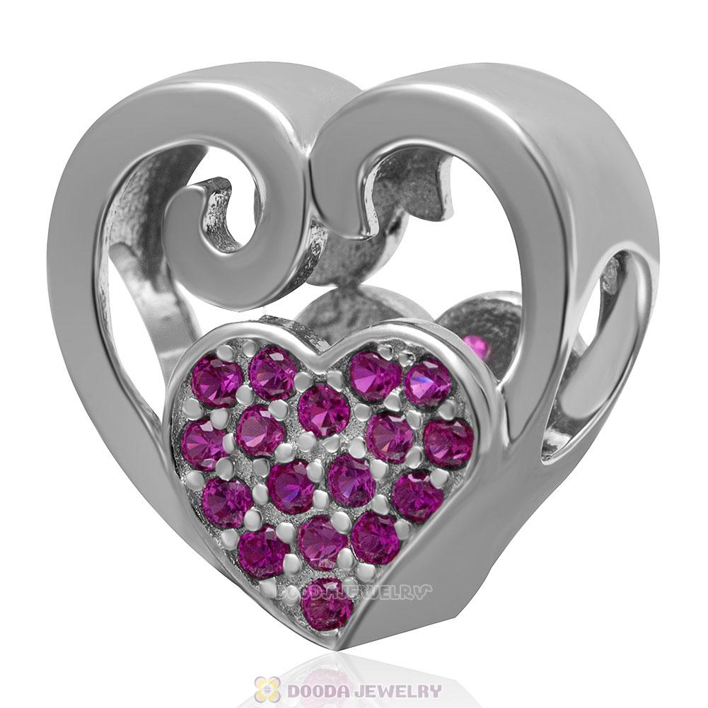 925 Sterling Silver Double Heart Love Bead Charm with Fuchsia Stone