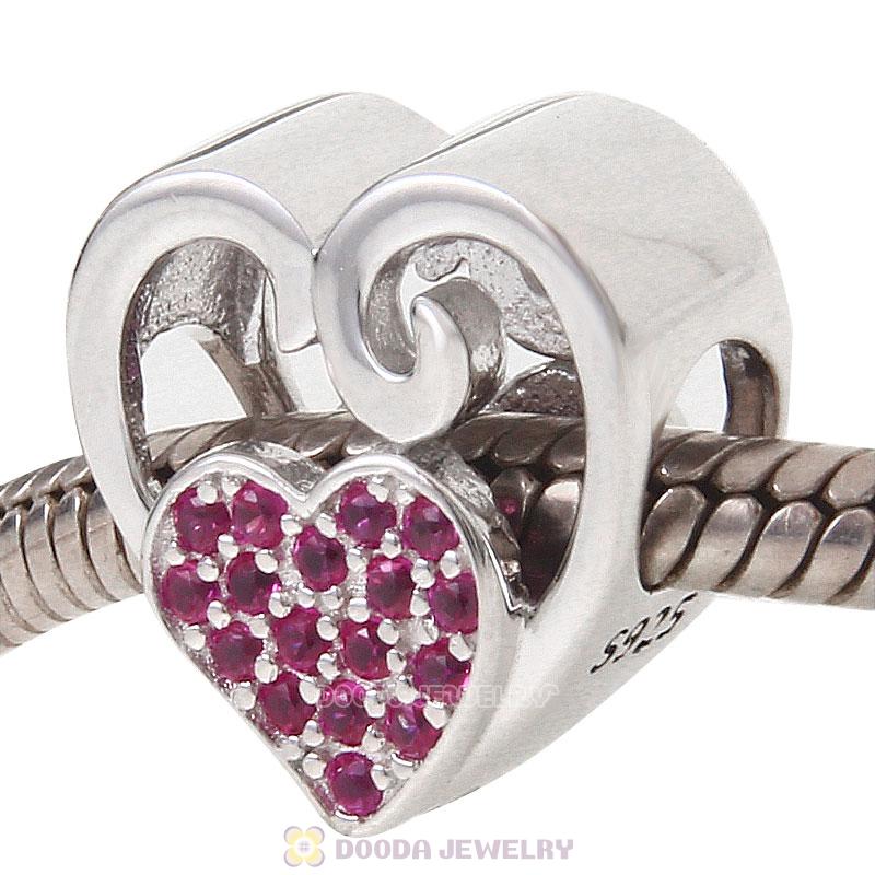 925 Sterling Silver Double Heart Love Bead Charm with Fuchsia Stone