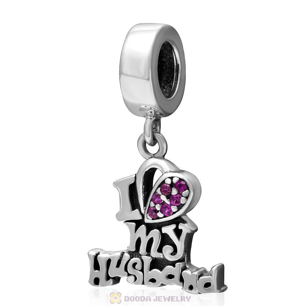  925 Sterling Silver I Love my Husband Charm Pendant with Fuchsia Stone
