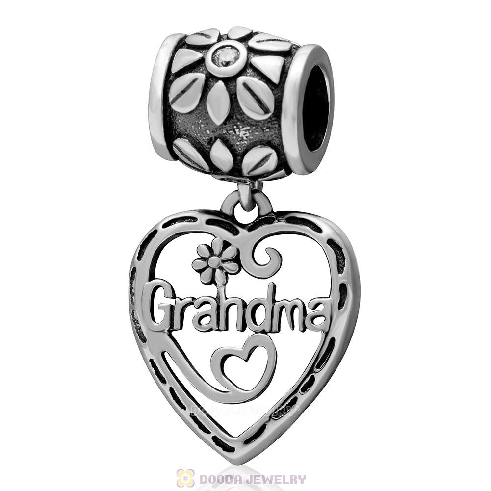  Heart Shape 925 Sterling Silver Love Grandma Pendant Charm with Clear Stone