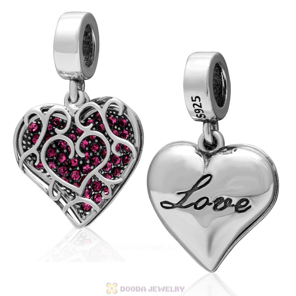  925 Sterling Silver Rose Crystal Heart Love Pendant Charm 