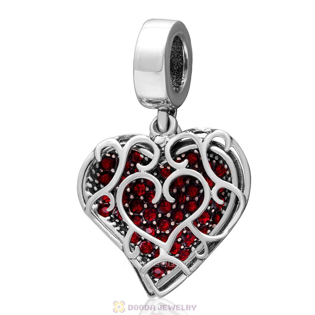  925 Sterling Silver Red Crystal Heart Love Pendant Charm 
