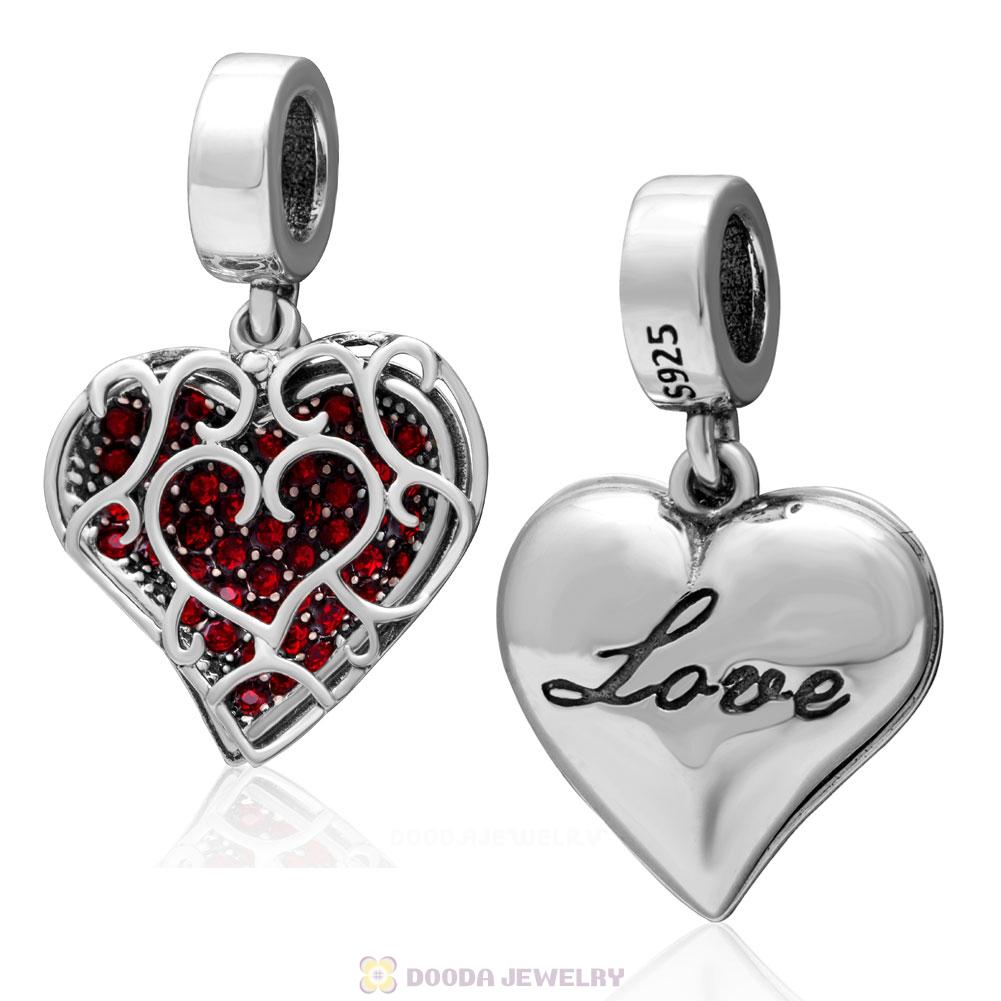  925 Sterling Silver Red Crystal Heart Love Pendant Charm 