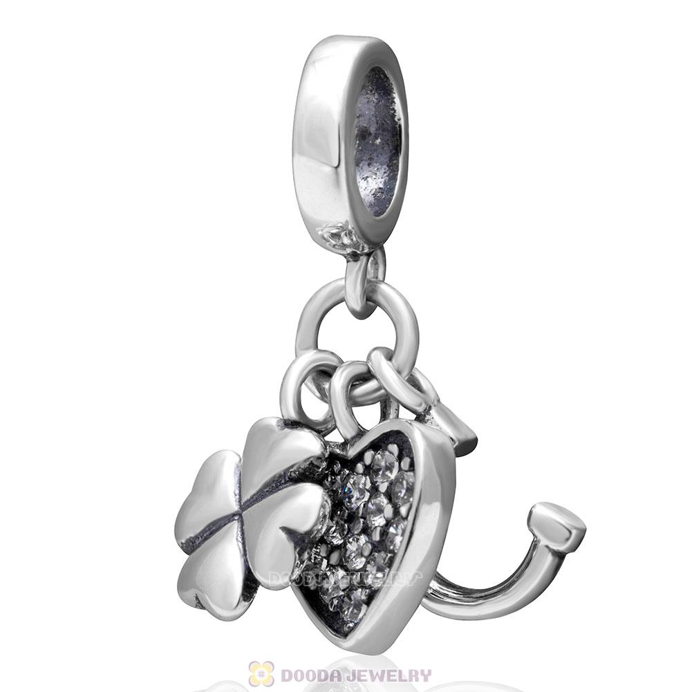 Horseshoe Clovers and Heart 925 Sterling Silver Lucky Charm