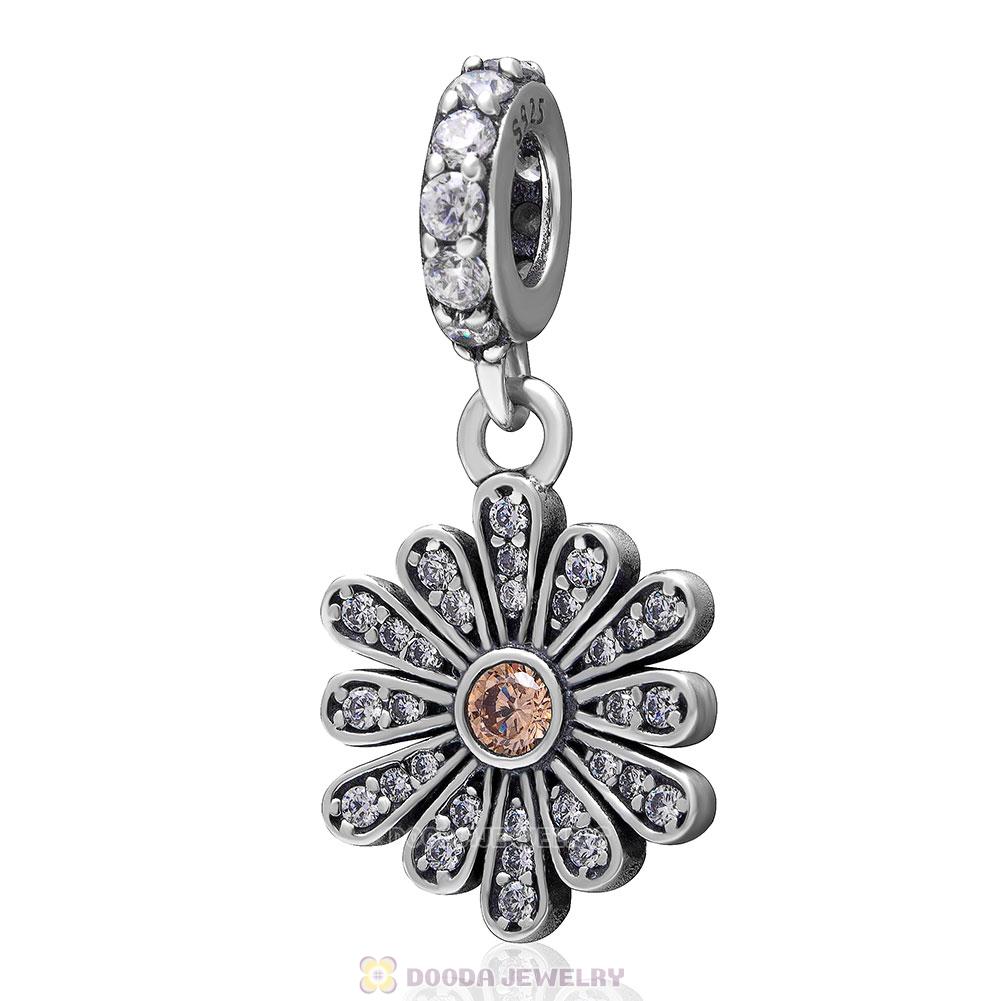 925 Sterling Silver Daisy Flower Charm with Clear and Champagne Stone 