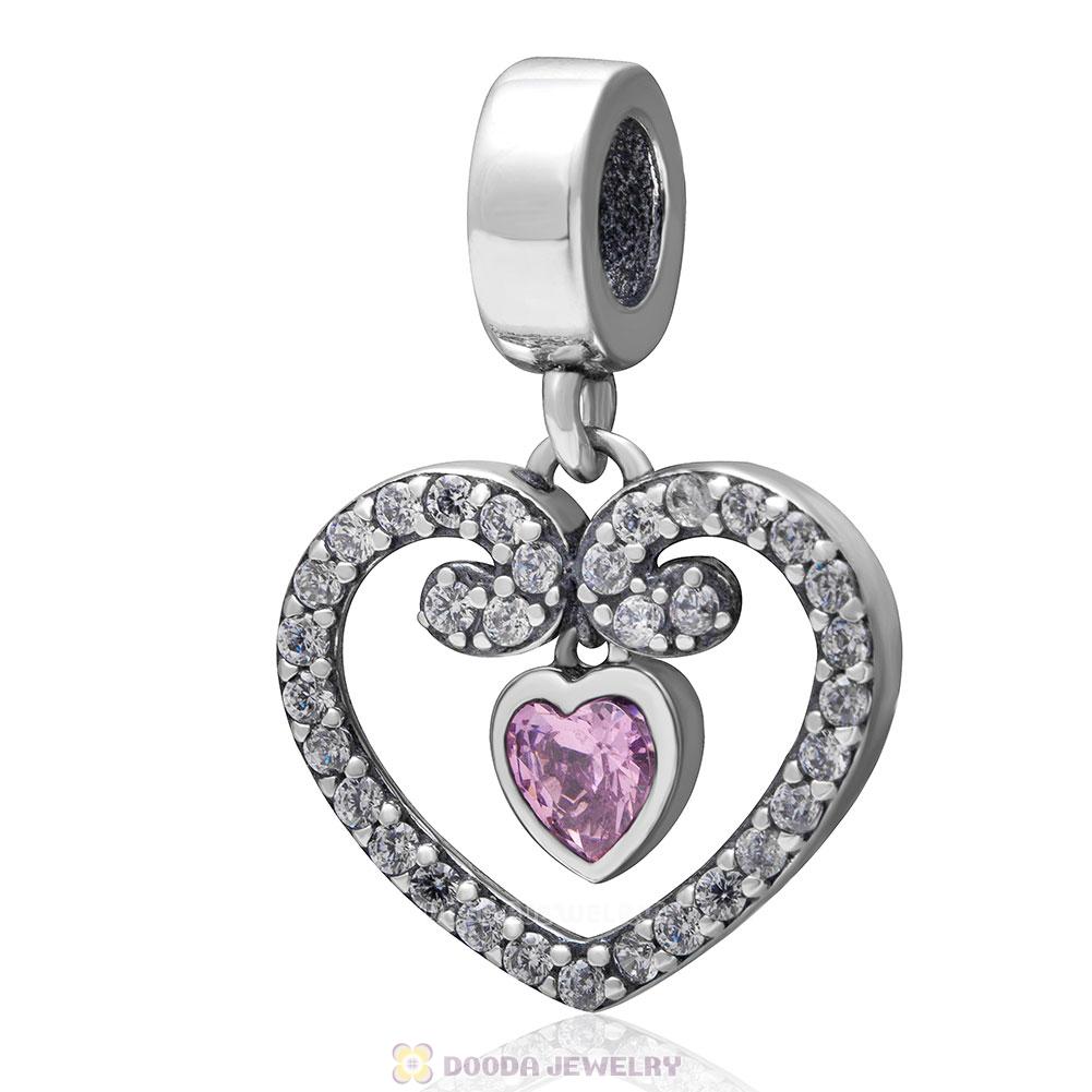 925 Sterling Silver Radiant Heart Dangle Charm with Clear and Pink Stone 